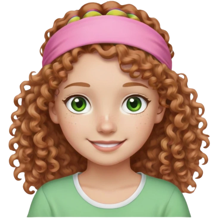 a girl with curly light brown hair, a white headband, green eyes, freckles, and a pink tee shirt smiling emoji