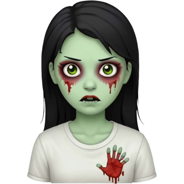 zombie girl with white shirt but similar to this with green skin black hair long emoji