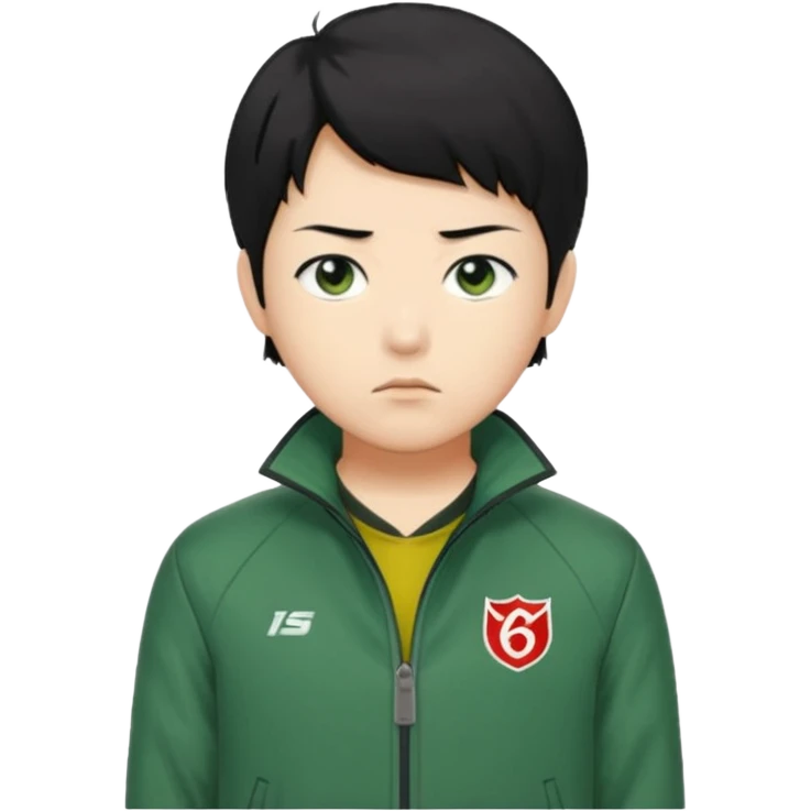 Create a realistic portrait of Kang Sae-byeok (Player 067) with short black hair, green jacket & serious look. emoji