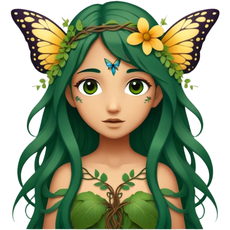 Cinematic Realistic Forest Fairy Portrait, depicted with lifelike, sun-kissed tanned skin that radiates an earthy glow, softly illuminated by natural, dappled light. Her long, flowing dark green hair is intricately detailed and interwoven with delicate vines and wildflowers, while her deep, soulful eyes mirror the wisdom of the forest. Dressed in an attire inspired by nature’s palette—with subtle botanical motifs—the portrait exudes a soft, enchanted glow that melds realism with woodland magic showing her large butterfly wings from her back. emoji