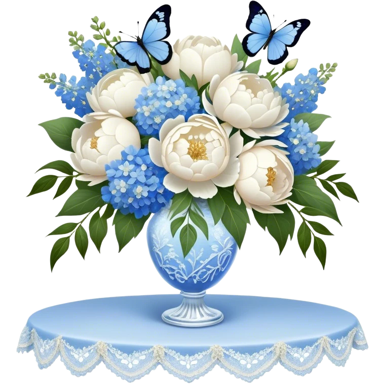 A crystal vase filled with a lush bouquet of white peonies and pale blue delphiniums sits atop a lace-covered table. A sheer ivory ribbon cascades down the side, intertwining with pearl beads, while a delicate blue butterfly flutters just above the petals emoji
