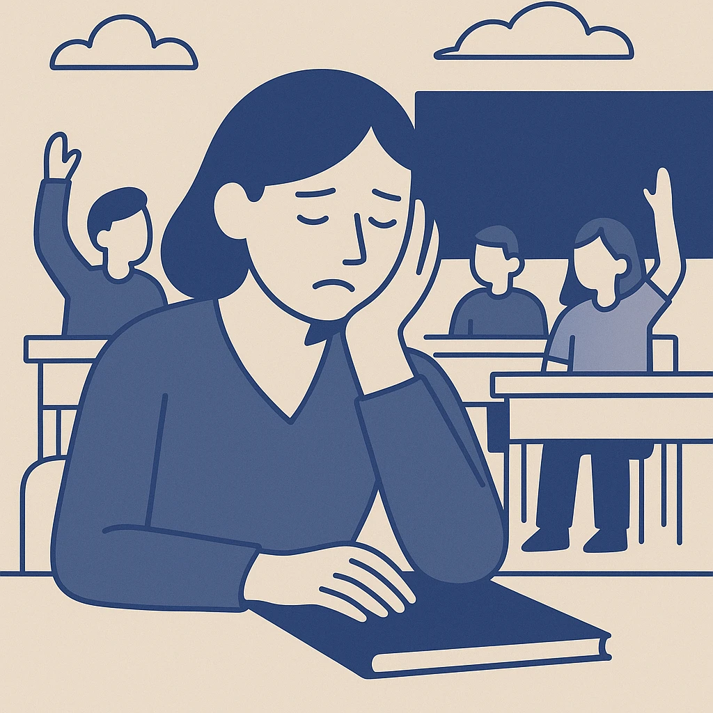 exhausted teacher in a bustling classroom emoji