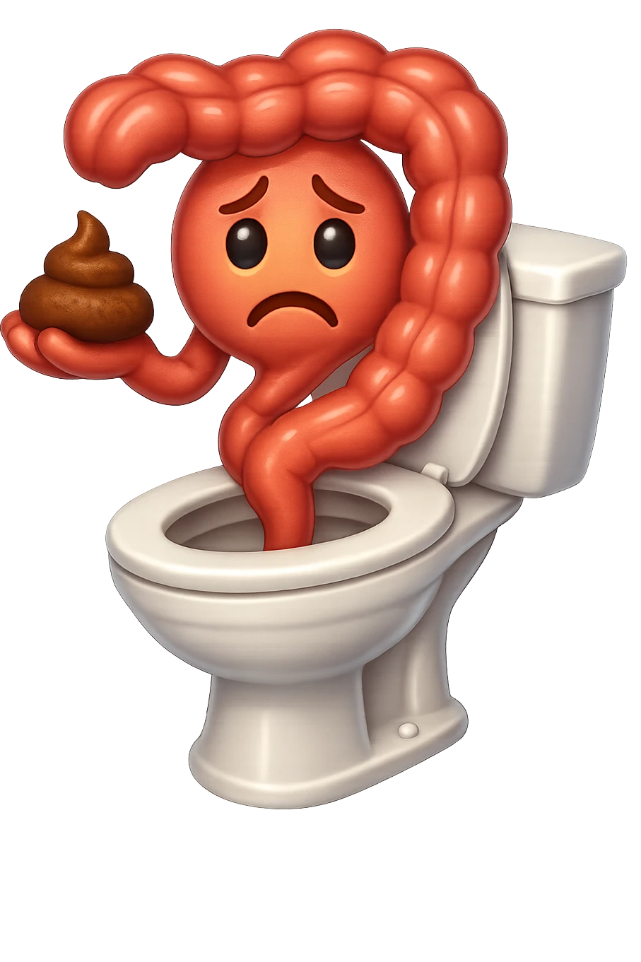 emoji stile iphone di un intestino che esce dal wc con in mano una montagnetta di feci con espressione triste a palline emoji