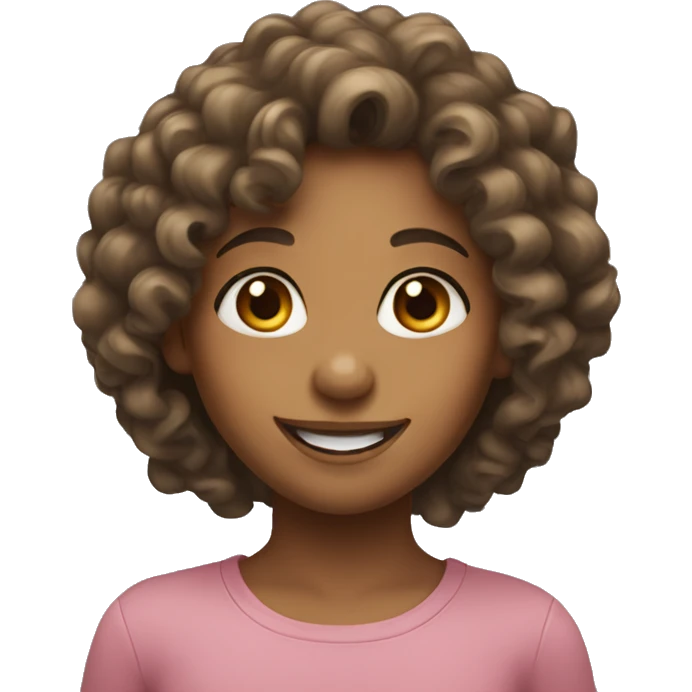 A girl with long bownish curly hair smiling  emoji