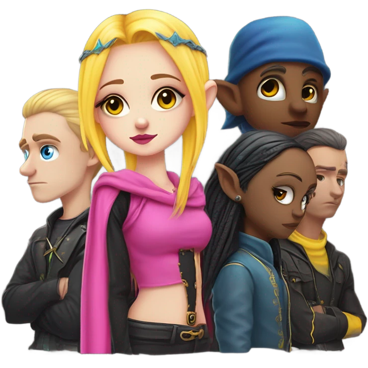 Blue eyed long eye lashes pout blonde and pink hair pale hime gyaru girl, hot pink and yellow split-dyed hair, nose ring, elf ears, dark makeup, punk clothes standing next to three diffrent men praying on their knees emoji