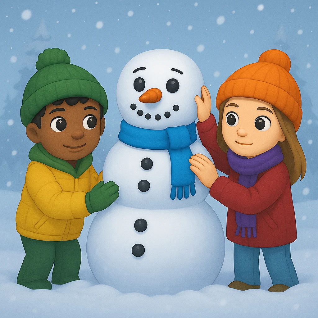 Show two different kids (different hair and clothing colors) building a snowman in a snowy background, keep the emoji style emoji