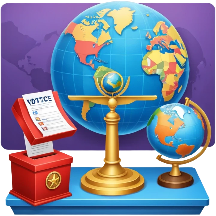 An icon featuring a podium with a speaker, a ballot box with a voting slip, and a globe, symbolizing political science. The design includes scales of justice and a world map in the background, representing governance and global politics. Transparent background highlights political analysis. emoji