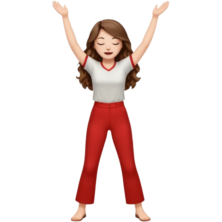 crie uma menina branca com cabelos castanhos longos ondulados, uma roupa de calça e blusa de manga curta na cor vermelho, com braços juntos para cima, olhos fechados e perna levantada. a manga é curta mostra os braços emoji