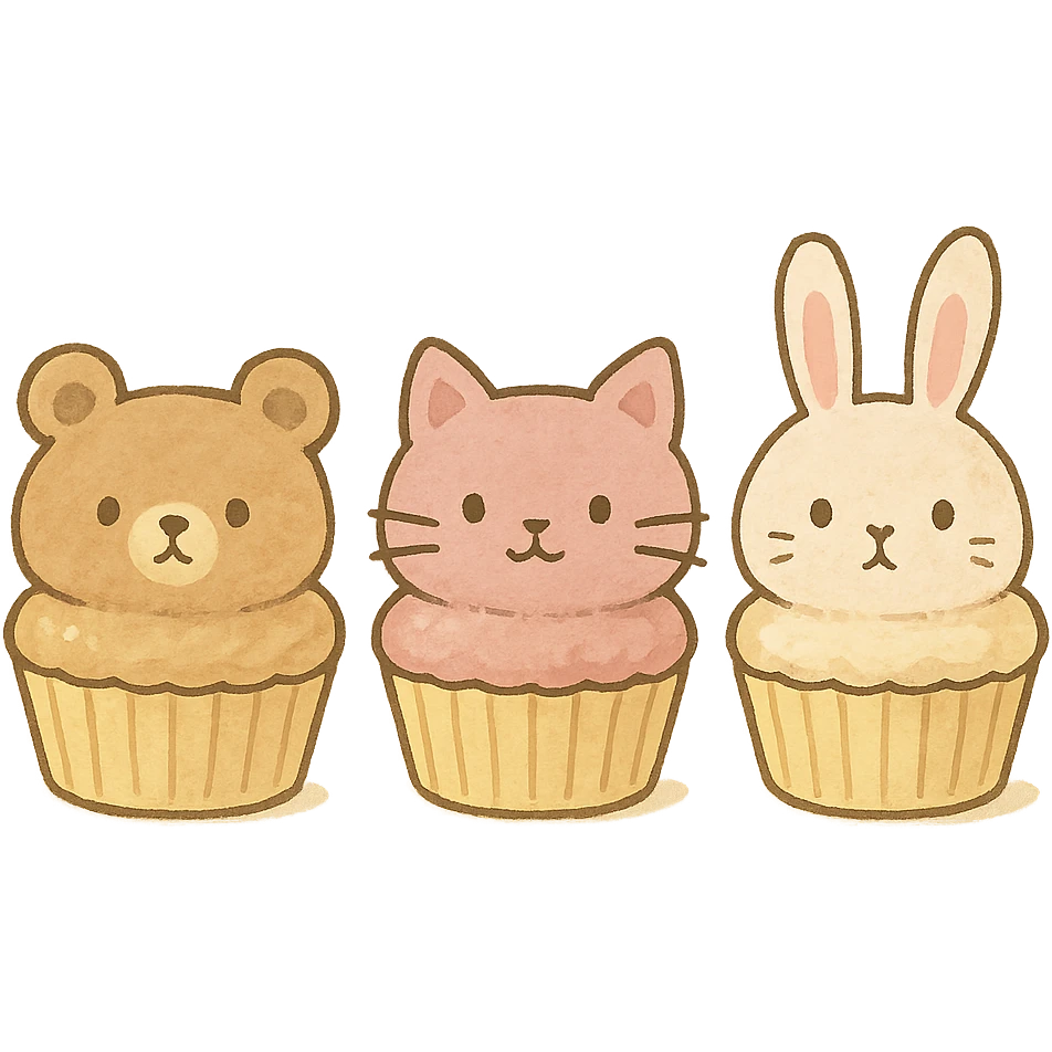 mini cupcakes with animal faces of bear, cat, and rabbit, soft pastel tones, ghibli style, transparent background emoji