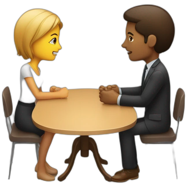 two person, interviewer and a brown person, talking, 4K, high-detailed, with table, face to face emoji