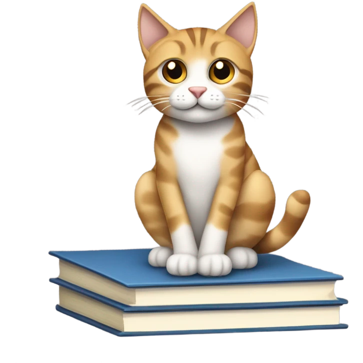 A minimalistic emoji-style illustration of a tabby cat with white paws and chest, sitting on a stack of books and papers. The cat looks to the side with perked ears, and its tail extends slightly off the surface. The background is simple and neutral, with a hint of a window or curtain for context. emoji