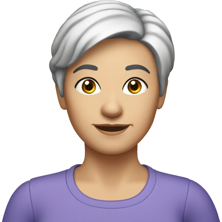 A head and shoulders shot of a 50 year old caucasian woman with short black hair wearing a tshirt. emoji