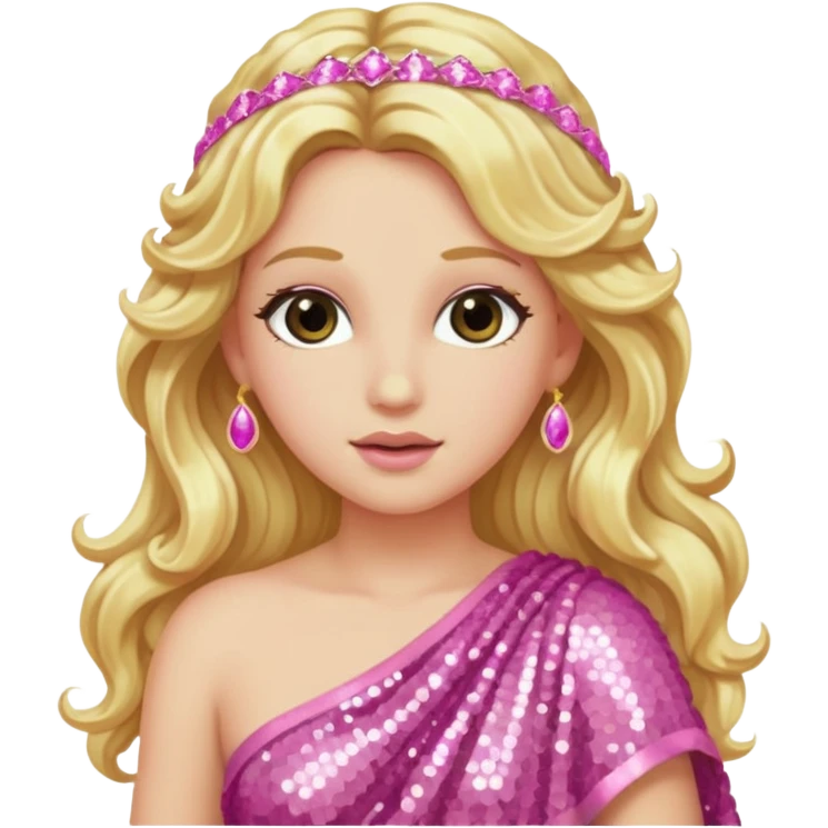 Aphrodite from Greek Gods with long blonde wavy hair, pink sequin toga emoji