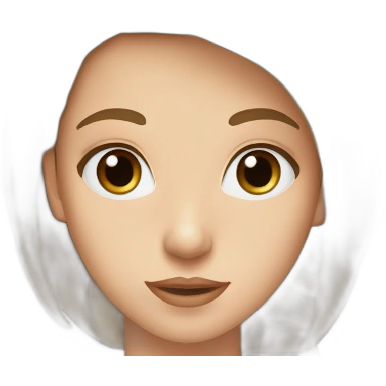 young woman with long brown hair, blue almond-shaped eyes, thin eyebrows and earring emoji