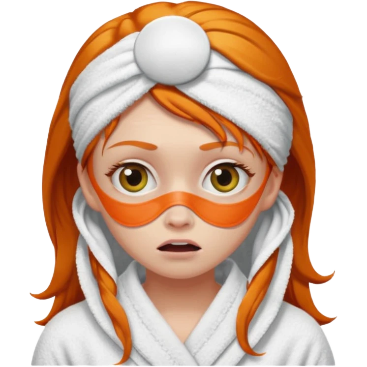 scared ginger girl with bath towels and eye patches emoji