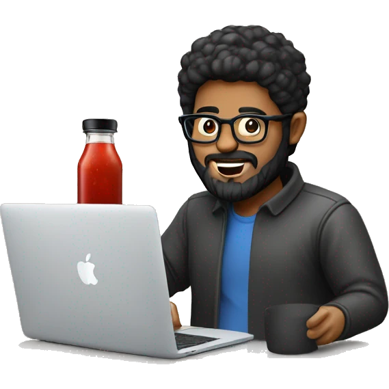 Designer with black hair, beard and glasses working with MacBook and ketchup bottles emoji