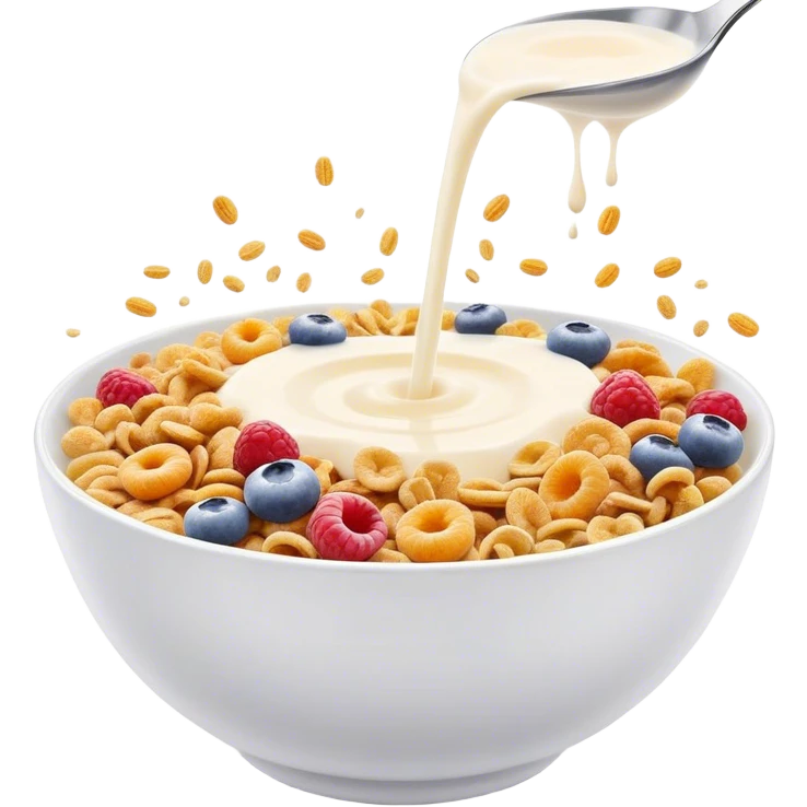 Cinematic crunchy cereal, vibrant and colorful, splashing into a bowl of cold milk, soft glowing background, dynamic movement, playful and inviting, nostalgic and fun. emoji
