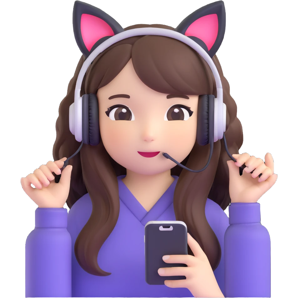 Adorable Japanese girl with long hair, cute cat ear headphones and holding smartphone emoji