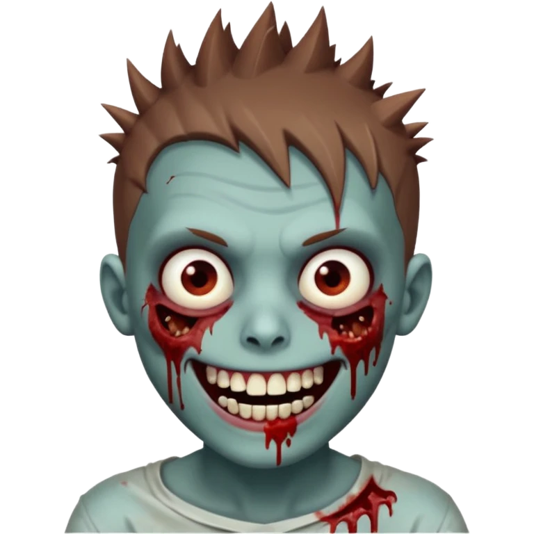 zombie boy with brown short spiky hair, white skin, and white eyes; an open smile, and bloodied teeth; emoji