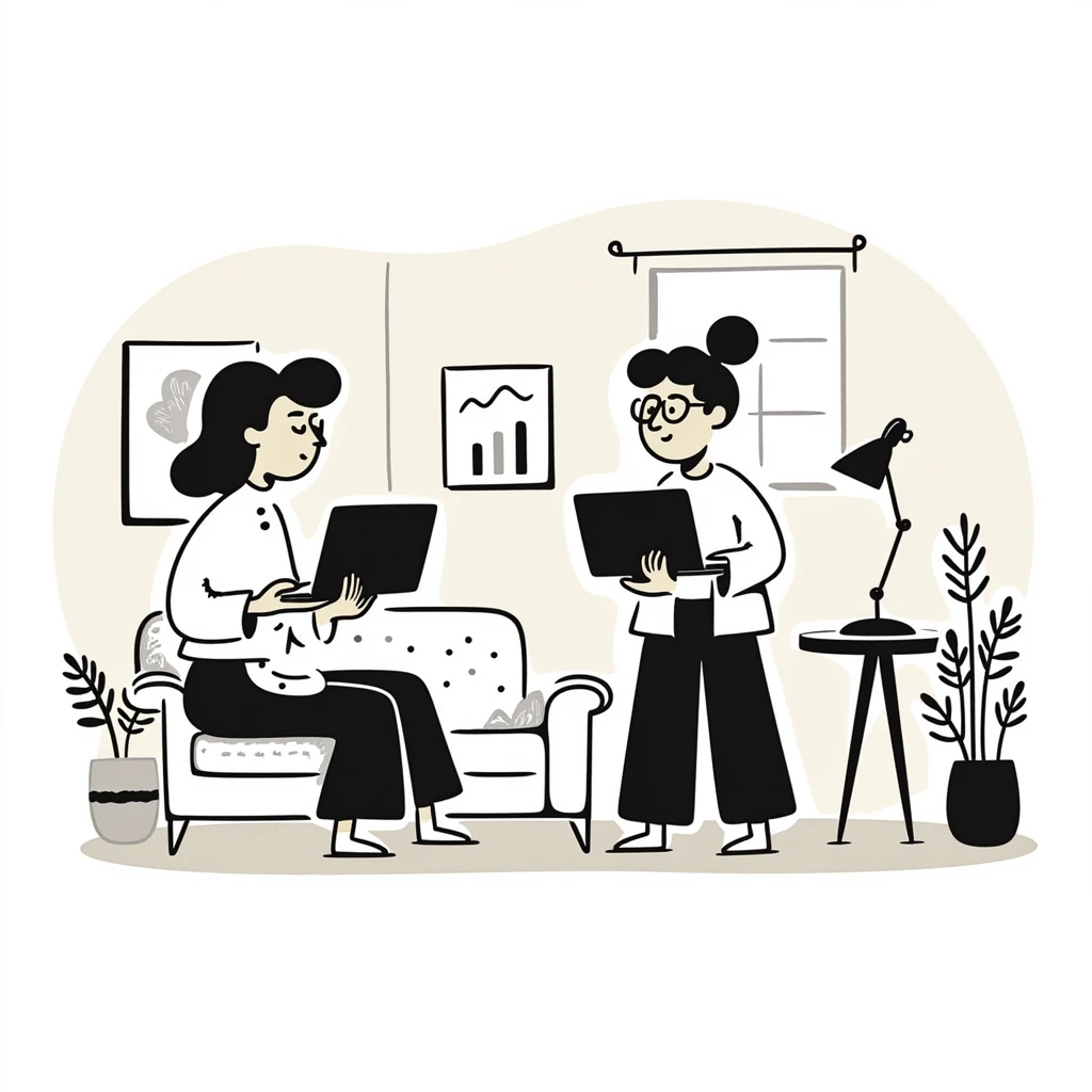 Flat illustration of a cozy mid-century living room with two people working on laptops, one man standing at a desk and one woman sitting on a couch, warm tones, two walls and floor visible emoji