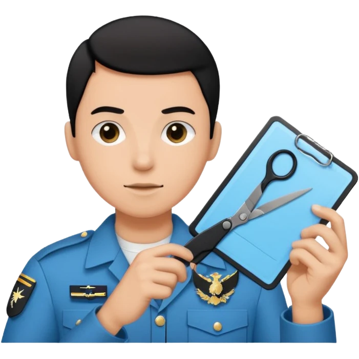Floating black Scissors cutting a light blue military ID card in 2 parts .hyper realistic emoji