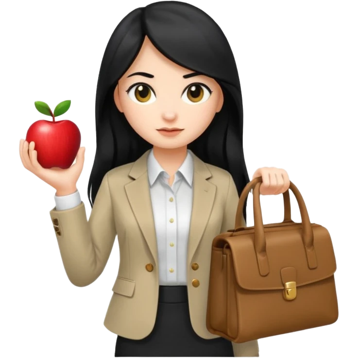 a girl with long black hair, neutral expression, business style clothes (shirt, jacket), with a business bag, Apple Memoji emoji style emoji