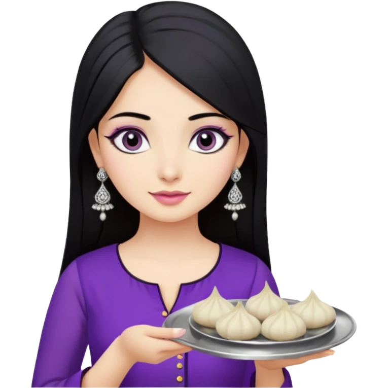 a pretty bratz girl with straight black hair, wearing a purple kurti, silver jhumkas, eyeliner, carrying a plate of momos. No necklace or bindi emoji