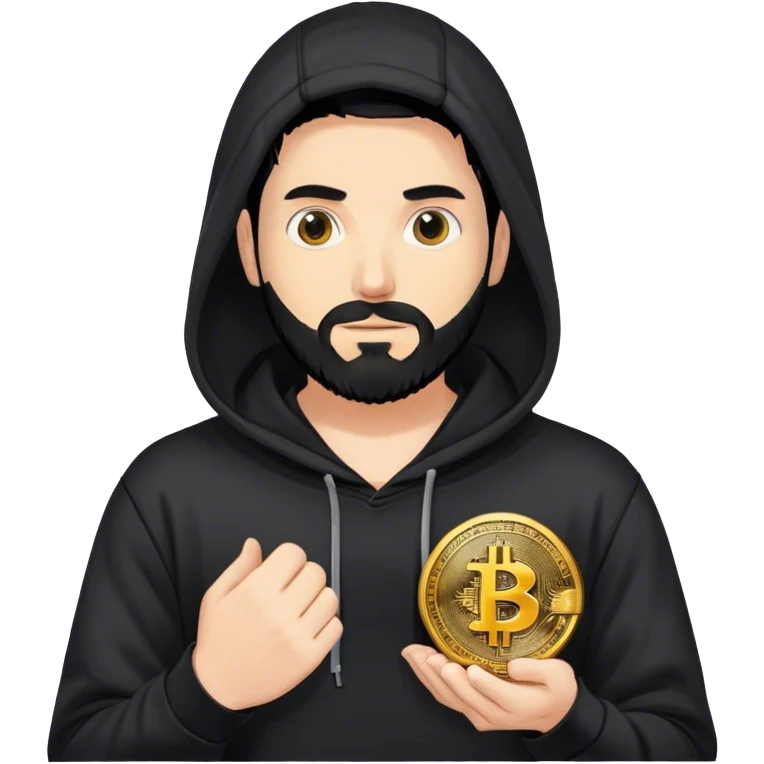 hackeur blanc cheveux noir barbe et capuche noir avec un bitcoin emoji