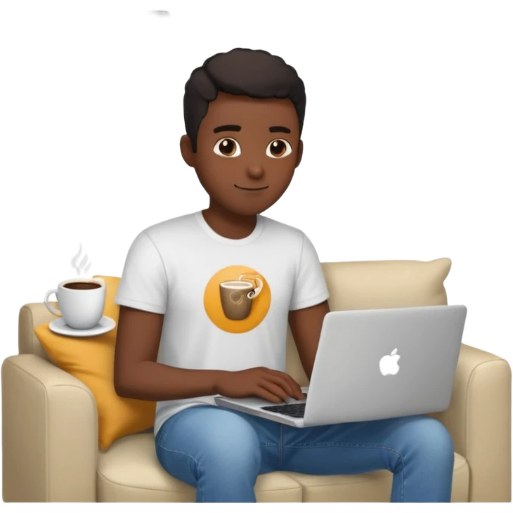 Homme développeur de teint noir, assis dans un coin cosy de son salon un week-end, ordinateur portable ouvert affichant du code. Lumière naturelle douce, ambiance calme. Habillé simplement (t-shirt clair, jean ou short), tasse de café/thé à côté. emoji