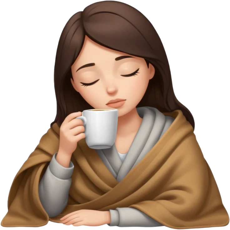 sleepy brunette girl inside a blanket, drinking coffee, eyes closed emoji