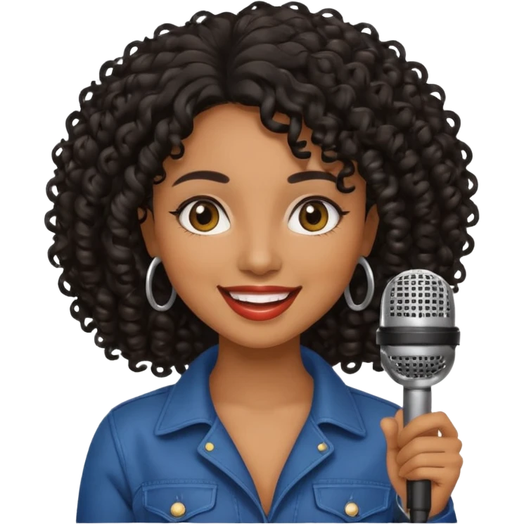 brown skin woman, curly black hair, singer, hold micro emoji