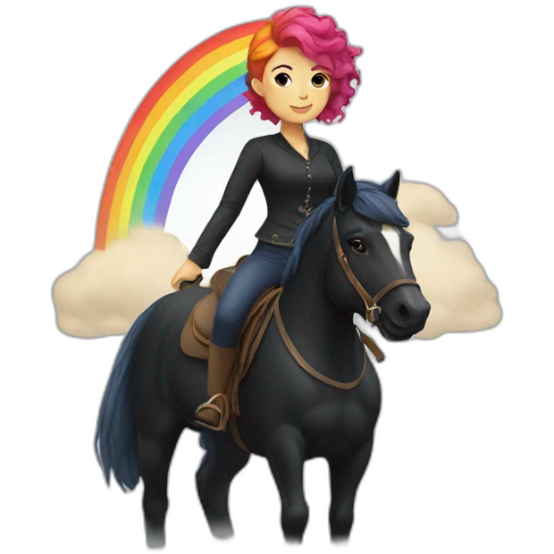 Woman with short rainbow hair riding a black horse emoji