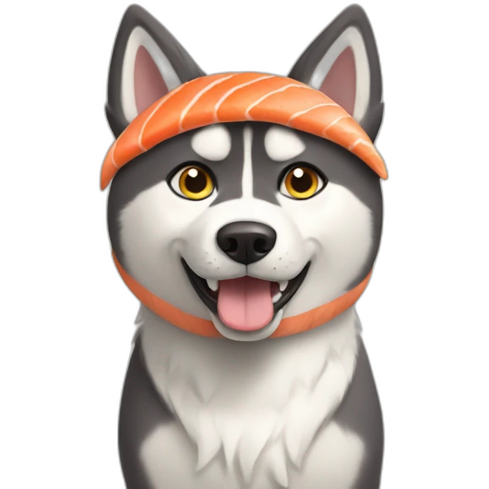 husky dog wearing a cat costume while eating salmon emoji