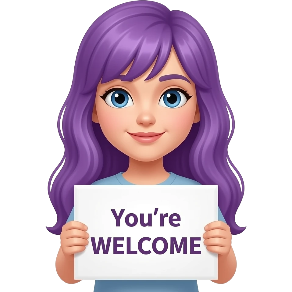 girl with long purple hair holding a You're WELCOME sign emoji