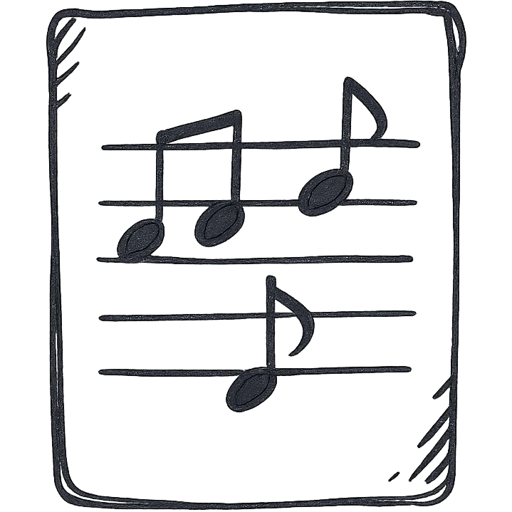 Silhouette of sheet music icon, hand drawn, black outlines, no fill, simple and clean, side view emoji