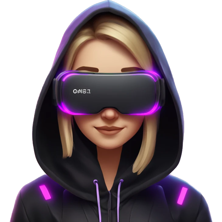 Russian girl wearing black hoody with violet letters "OMG", in vr headset oculus quest2. Standing like jedi. Cyberpunk style. Violet neon. emoji