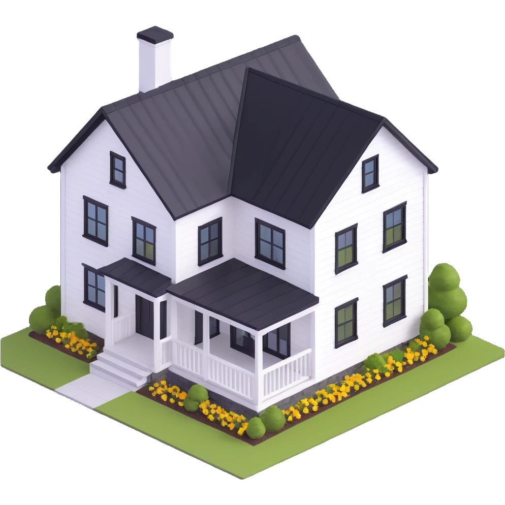 modern farmhouse with white siding, black roof and black trim, isometric emoji