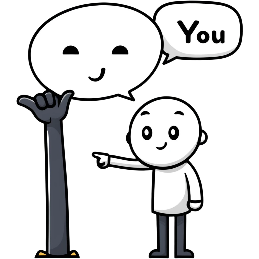 friendly character pointing with YOU speech bubble emoji