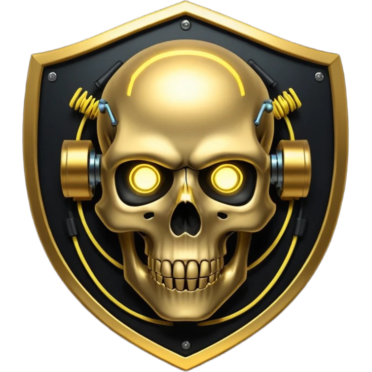 Cyberpunk shield, skull with cybernetic implants, glowing wires, dark electric gold and black tones, no background emoji