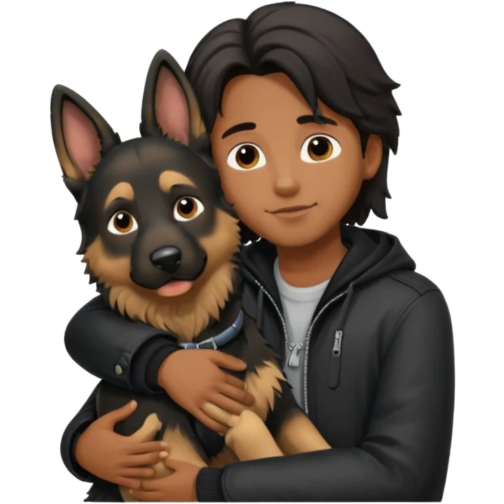 Garoto negro fofo e cabelo comprido usando jaqueta preta abraçando um cachorro pastor alemão  emoji