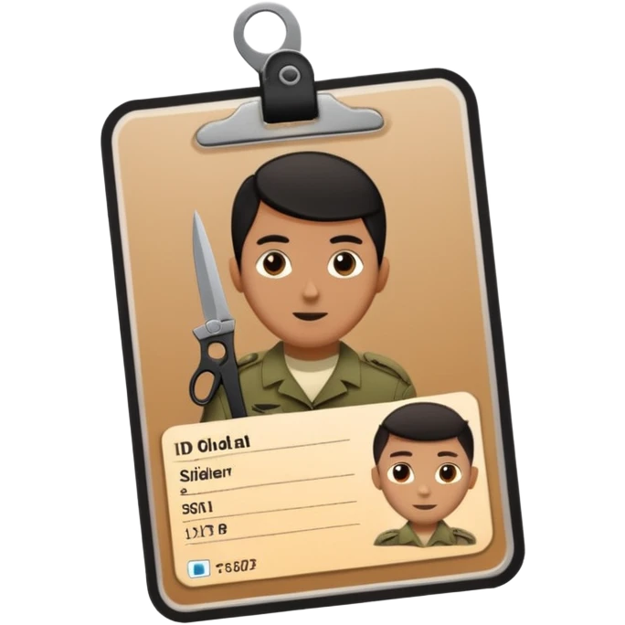 Floating black Scissors cutting in half an idf soldier ID card with a little chip in 2 parts .hyper realistic emoji