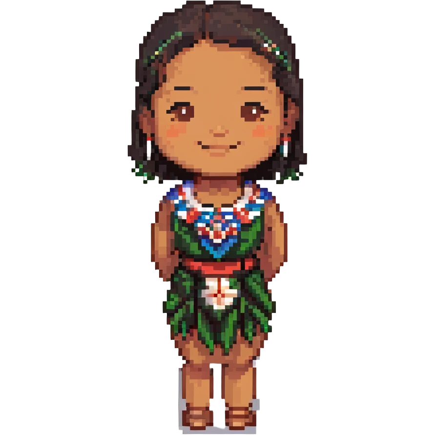 brown Samoan skinny girl with slight Chinese features, black short hair just below the shoulders, smiling with closed lips, pixel art style emoji