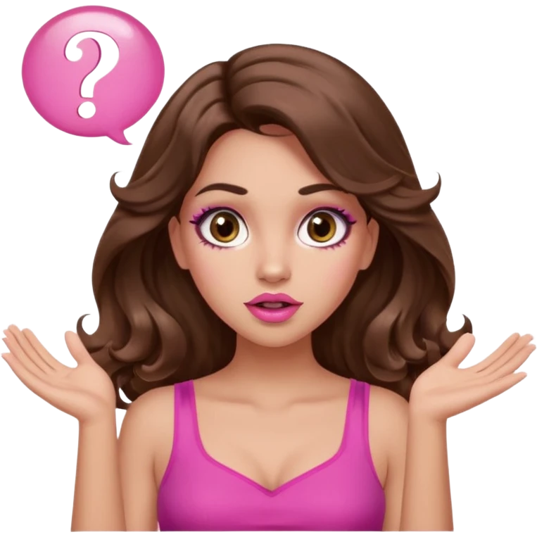 girl with long wavy brown hair, brown eyes, long lashes makeup, sexy pink lips, light to medium complexion, pink sexy top, two hands up, shrugging, confused question mark bubble sign emoji