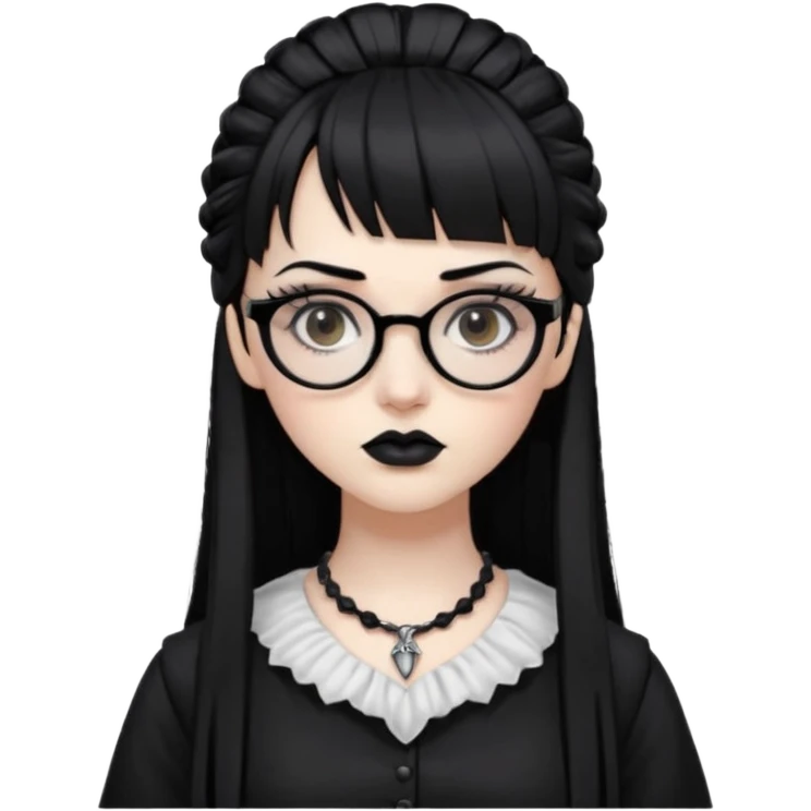 Faça uma moça de cabelo preto micro franja e penteado gótico pálida e com maquiagem gótica pesada olhos castanhos escuro e óculos  emoji