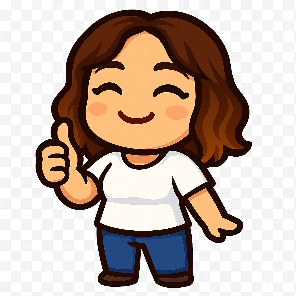 Sticker style chibi emote, matching the attached green heart emote as a base. Woman from reference, white t-shirt and blue jeans, giving thumbs up, cute happy face, no headband, no wand, transparent background. Top color should not match jeans. emoji
