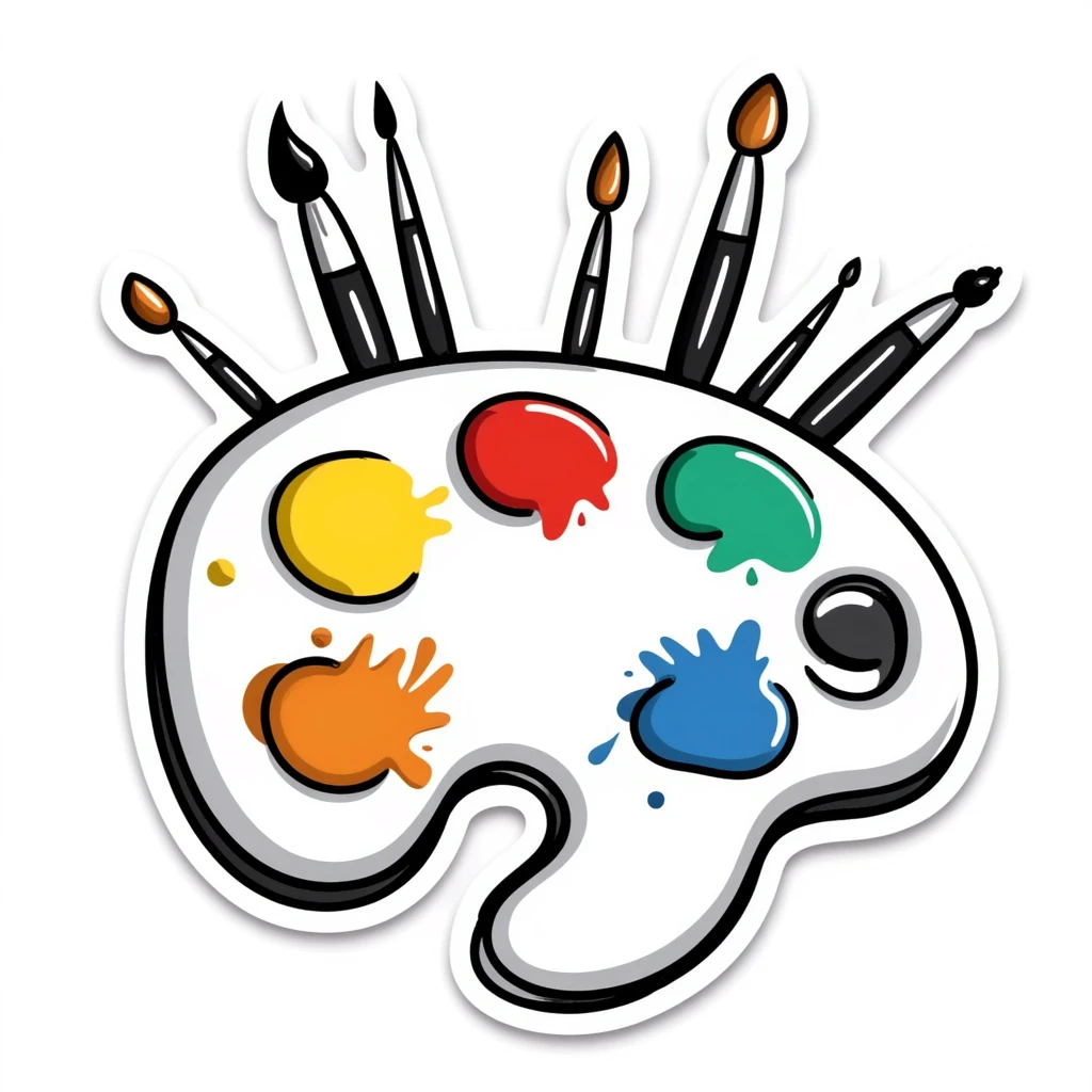 Detailed artist's palette with colorful paint blobs, palette holes, and paintbrushes. Sticker-like appearance with detailed doodle style and transparent background. emoji