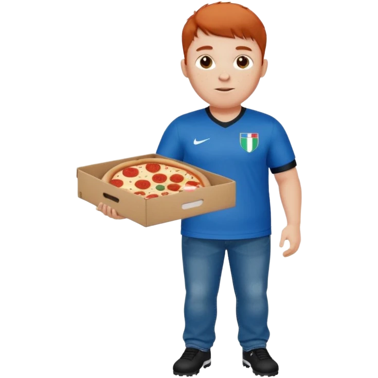 chubby light-freckled red-haired man with modern fade haircut and styled bangs, wearing black baggy jeans and blue Italian soccer jersey 2024 home kit, holding a pizza box emoji