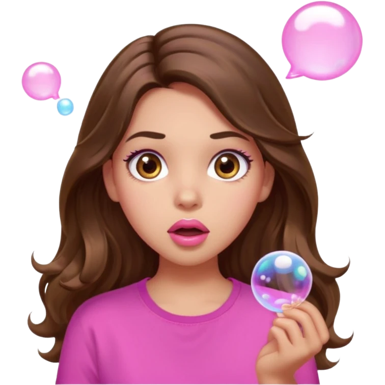 girl with long wavy brown hair, brown eyes, light to medium complexion, in a pink shirt, pink lips, long lashes, surprised, wow bubble emoji