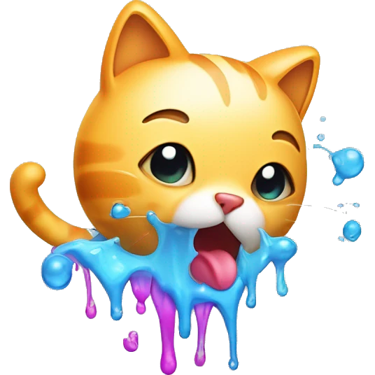 A cute cat character looking unwell, with a colorful stream of liquid coming from its mouth, depicted in a cartoonish and playful style emoji