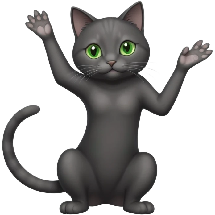 full body gorgeous solid dark grey cat with green eyes, white paws and white whiskers reaching for something emoji